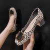Plus Size 35 -43 Women Leopard Print Chunky Heel Pumps Med Heel Square Toe Fashion Buckle Office Lady Leather Shoes Slip On Shoes