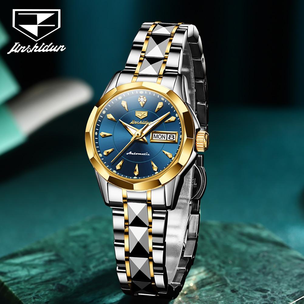 JINSHIDUN New Business and Leisure Ladies Watch Fully Automatic Mechanical Watch Tungsten Steel Double Calendar Luminous Waterproof High-end Watch
