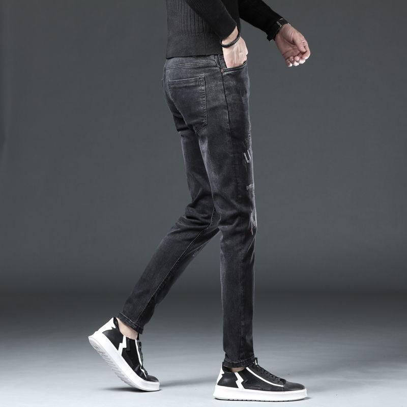 Black Jeans Men's Autumn High-end Trend Embroidery Printing Slim Spring and Autumn Models Small Foot Jeans Trousers