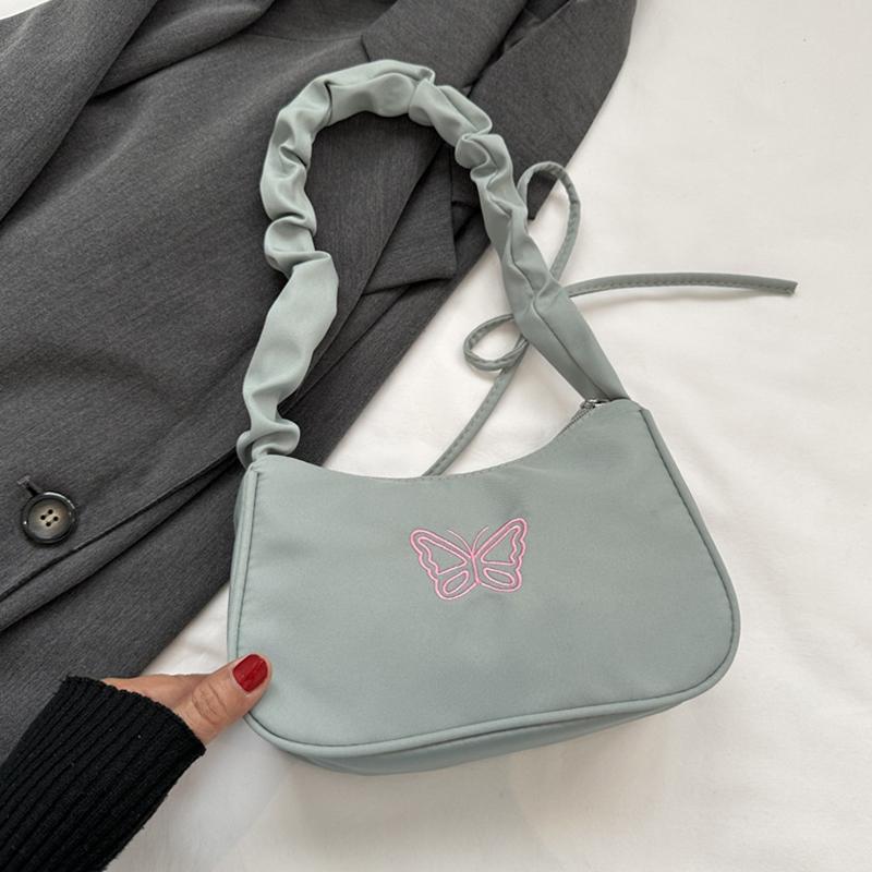 Cute Embroidered Bowknot Butterfly Shoulder Bag Women Pleated Handbag Half-moon Underarm Bag Fashion Oxford Nylon Bow Tote Bag