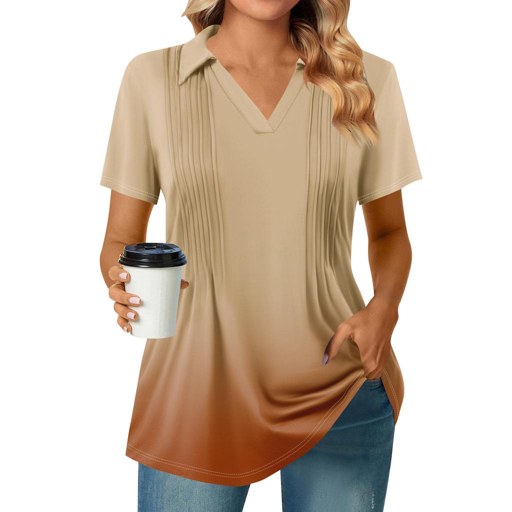 Womens Short Sleeve T Shirts Pleated V Neck Printing Tee Collared Summer Tops Fashion Business Casual Work