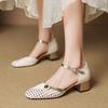 Hollow Breathable Bag Head Sandals Women's Summer Outer Wear Fashion Medium Heel Thick Heel Square Head Hollow Single Shoes Soft Sole Advanced Sense