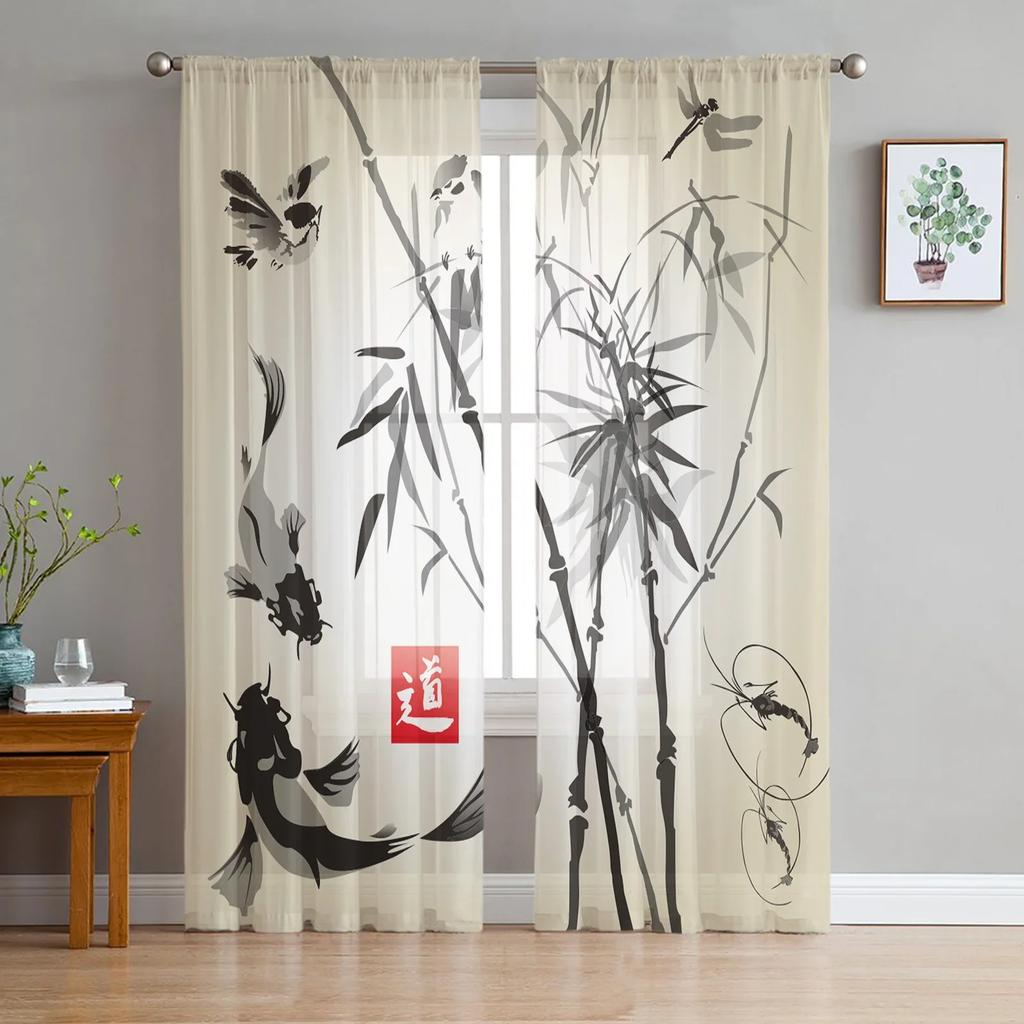 Bamboo Carp Chinese Ink Painting Tulle Curtains For Living Room Bedroom Kitchen Decoration Chiffon Sheer Voile Window Curtains