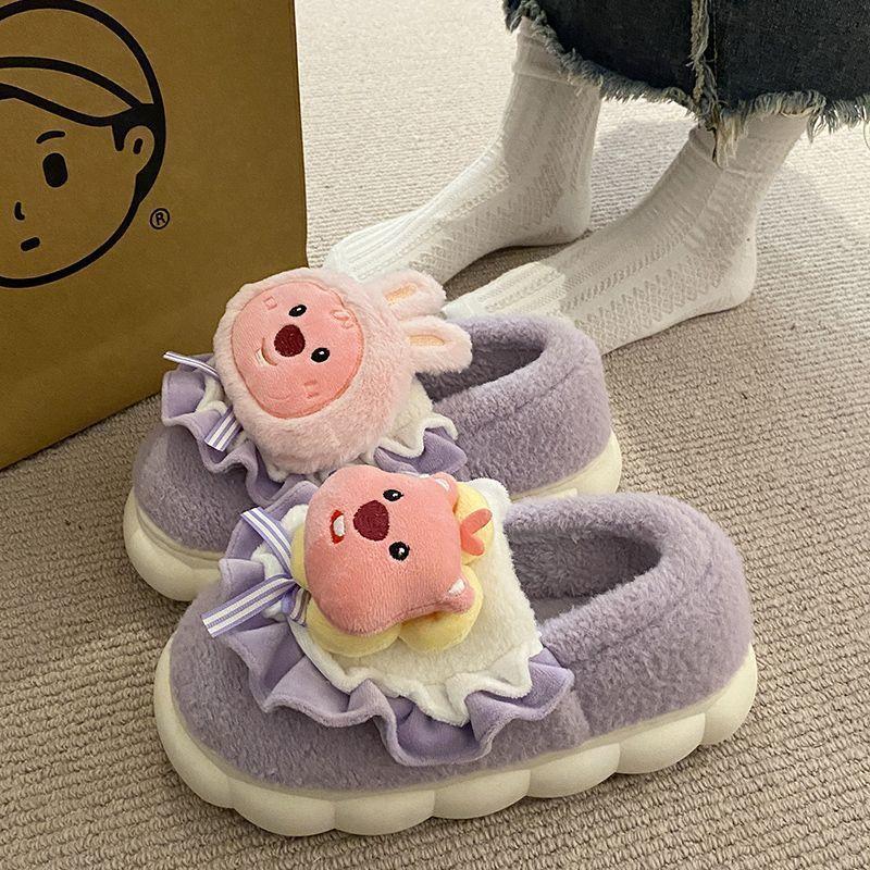 Women Slippers Cartoon Cute Cotton Slippers Thick Bottom Mute Home Warm Skin-friendly Plush Winter Fur Slippers Female Winter