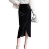 Women Midi Skirt High Waist Irregular Front Slit Design Golden Velvet Skirt Solid Color Design Leg-shaping Skirt