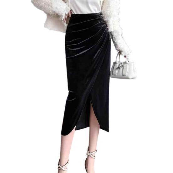 Women Midi Skirt High Waist Irregular Front Slit Design Golden Velvet Skirt Solid Color Design Leg-shaping Skirt