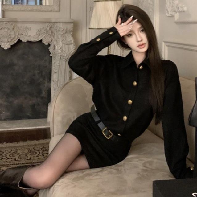 Polo Collar Loose Deerskin Velvet Long-sleeved Dress Women  Autumn New Korean Solid Color Casual Mini Dress with Belt