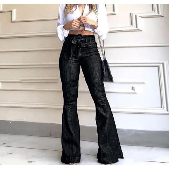European And American High Waisted Slightly Elastic Lace Up Flared Pants, Wide Leg Pants, Women'S Jeans