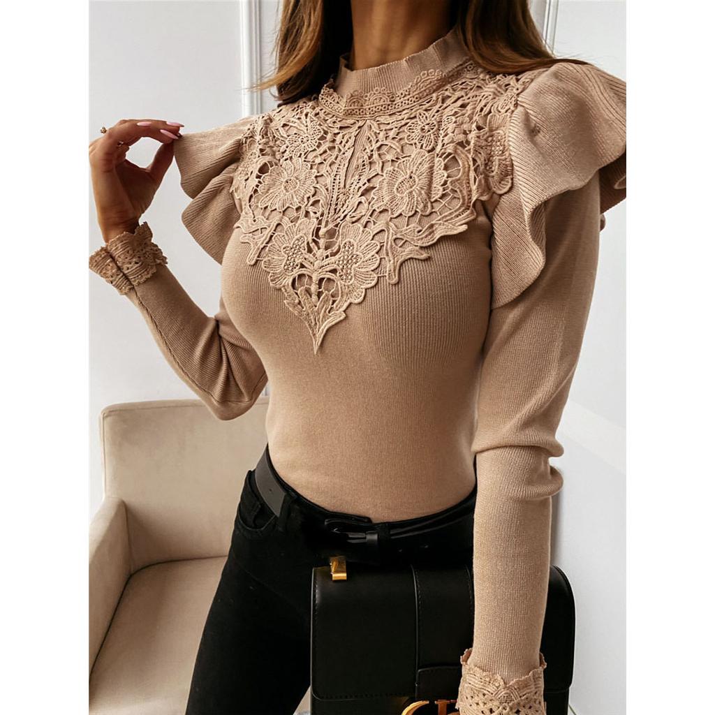 Women's Long Sleeve Round Neck Lace Trim Solid Color Base Blouse