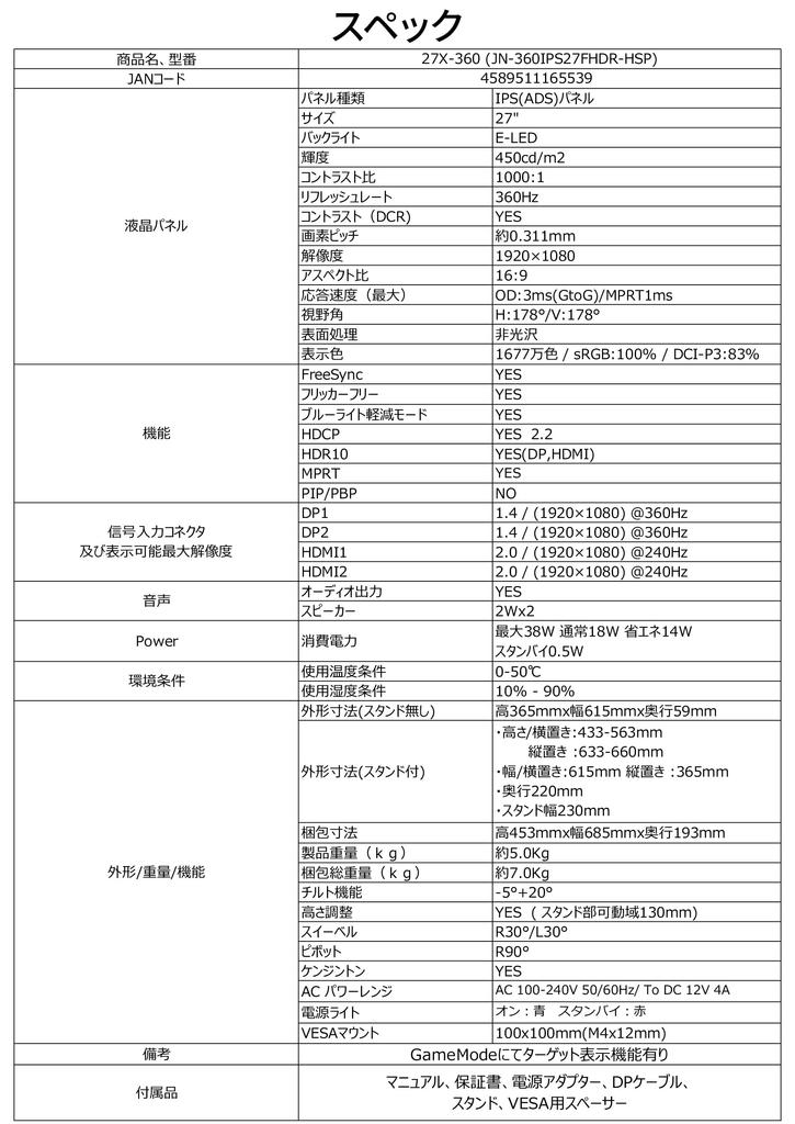 JAPANNEXT Gaming Monitor 360Hz 1ms Full HD 1920x1080 Resolution IPS Panel Display Light Angle 27-inch (HDMI/DisplayPort/VESA Compatible/Height