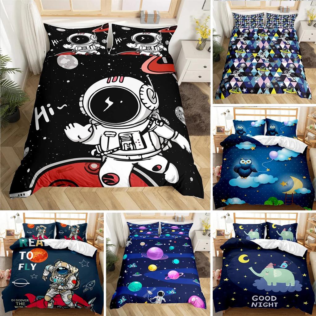 Astronaut Duvet Cover Set, Space Bedding Set for Kids Boys, Sky Galaxy Themed Comforter Cover, Queen/King/Twin Size Quilt Cover
