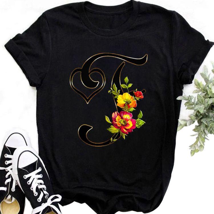 Custom Name Letter Combination Tops Fashion Women T-Shirt Rose Flower Heart Letter Font A B C D Short Sleeve Tees Black T-Shirt