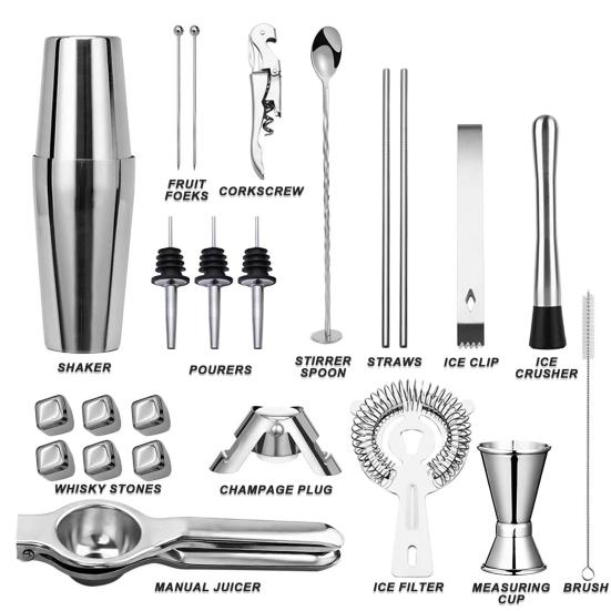 23Pcs Bartender Kit with Stand Silver Cocktail Shaker Set for Drink Mixing Martini Shaker Jigger Strainer Mixer Spoon Tongs Opener Stainless Steel
