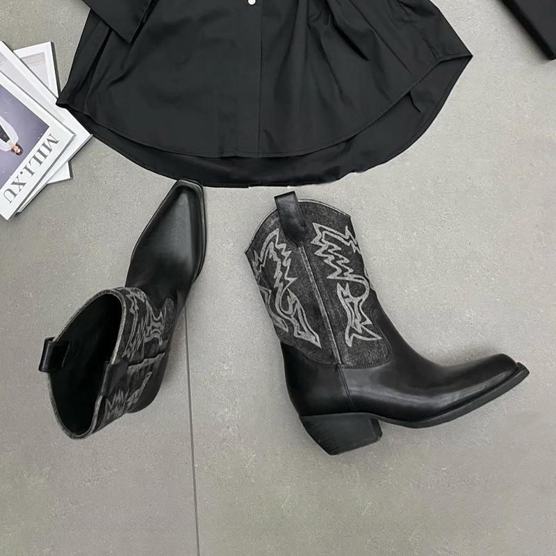 IPPEUM Cowboy Boots For Women 2025 New Winter Ankle Black Heel Shoes Western Cowgirl Boot