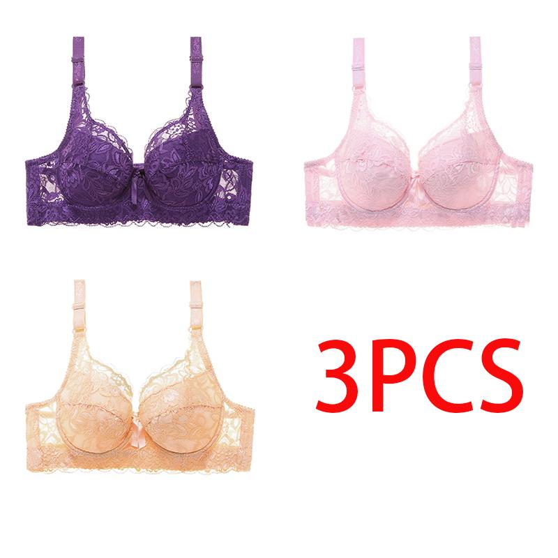 36-46 Plus Size Women Ultrathin Bra Underwire Push-Ups Lace Bras Brassiere Larger Breast Solid Color 3/4 Big Cup