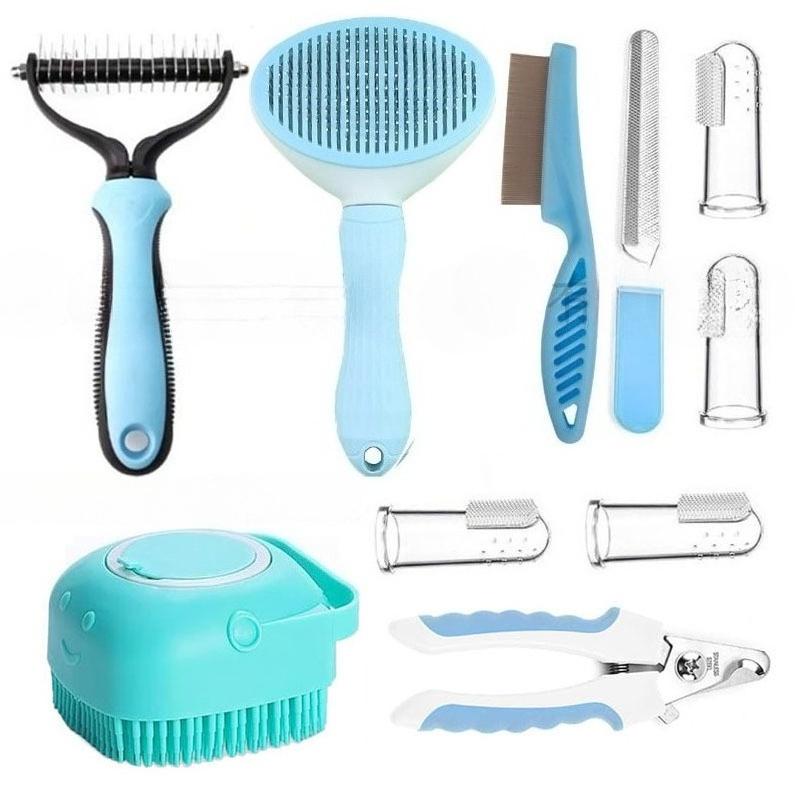 Набор для красоты из 10 предметов для кошек и собак, самоочищающаяся грабельная щетка, когтерез, гребень от блох, щетка для купания, напальчники