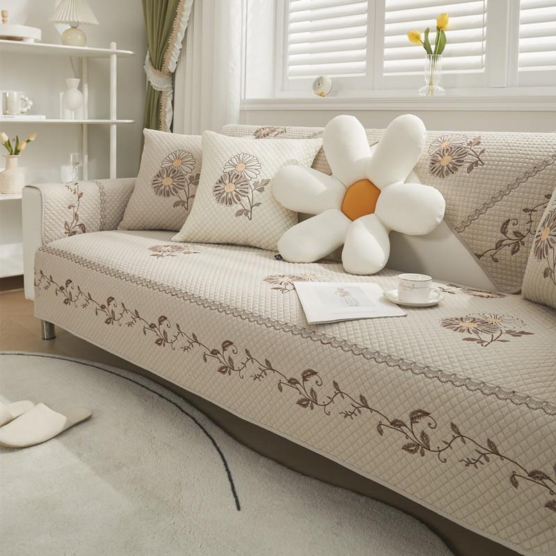 Four Seasons Fabric Washed Cotton Embroidery Sofa Cushion, Modern Simple Combination Non-Slip Sofa Cushion Towel Wholesale