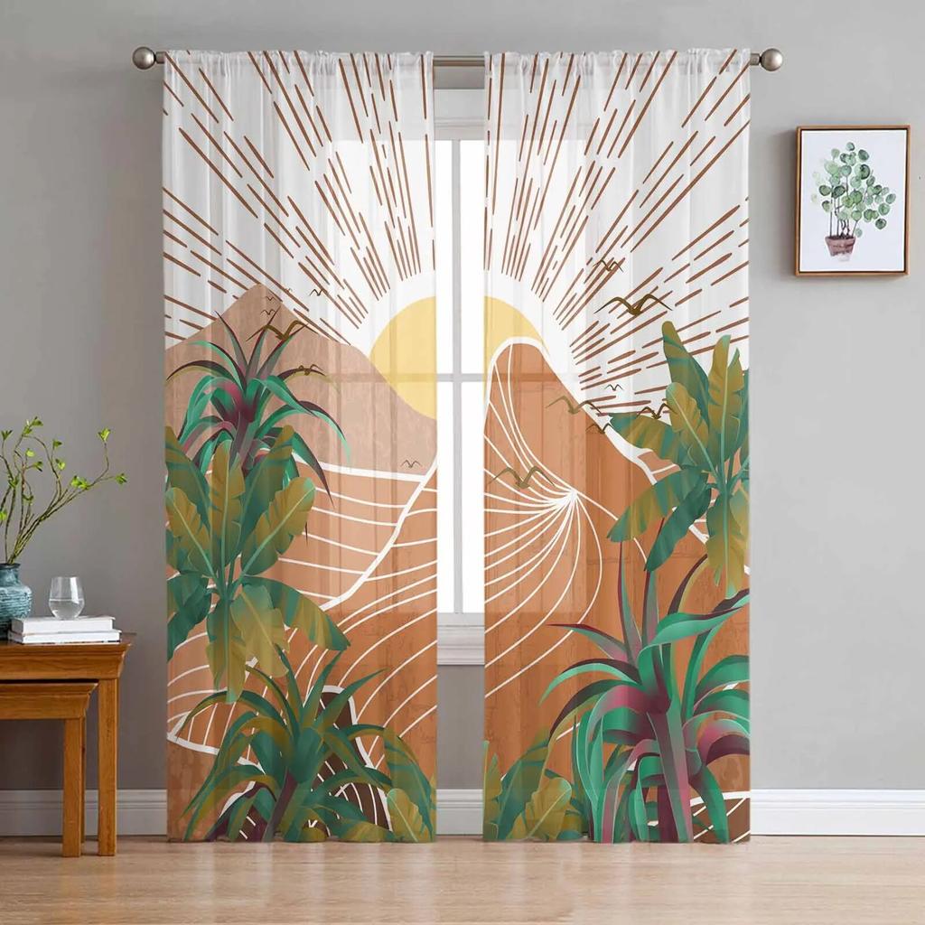 Boho Abstract Leaves Plants Tulle Curtains For Living Room Sheer Curtain For Bedroom Kitchen Blinds Voile Curtains