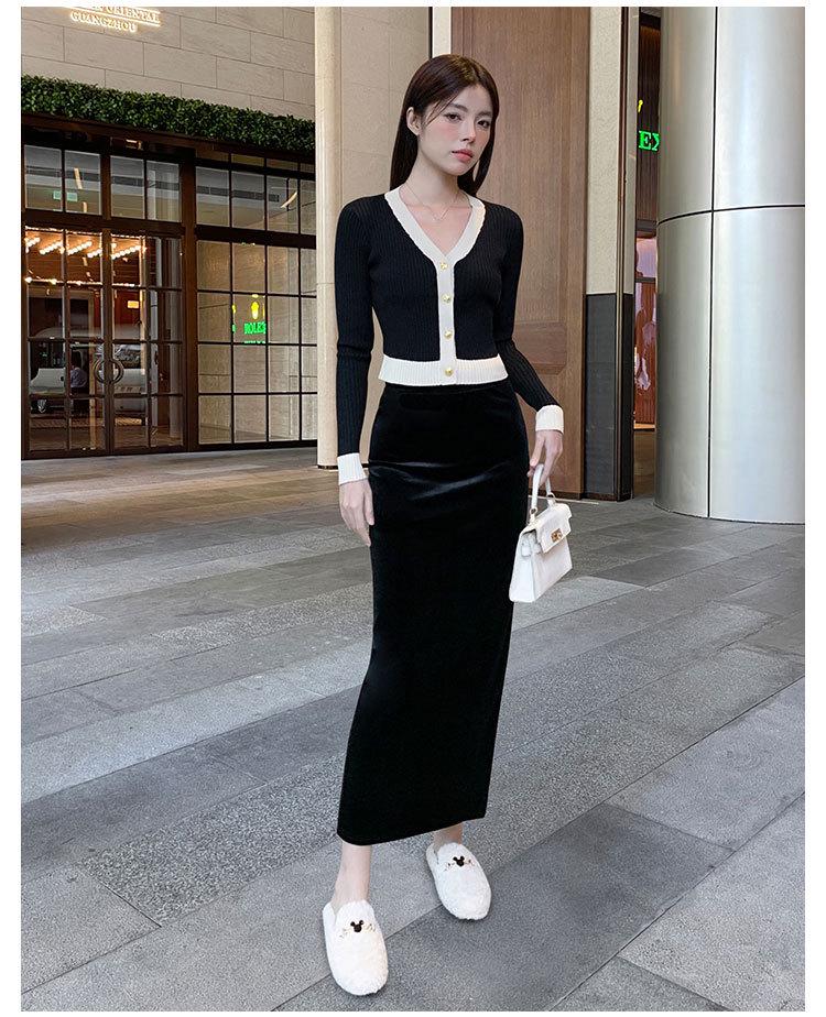 2025 Stylish Gold Velvet High-Waist Midi Skirt for Women - Black, Autumn/Winter, Sexy Long Slit