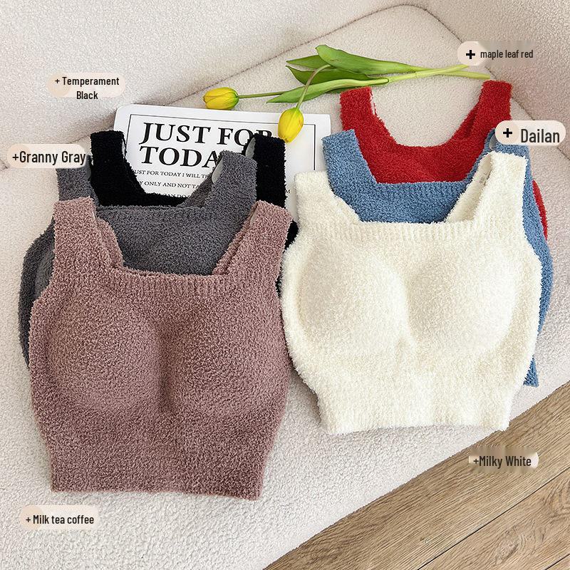 Plush Women's Lambskin Vest with Chest Pads - Warm, Bra-Free, One-Piece Innerwear for Autumn and Winter