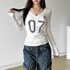 New Women's Solid Color Slim Fit Street Fashion V-neck Printed Long Sleeved Top for Women