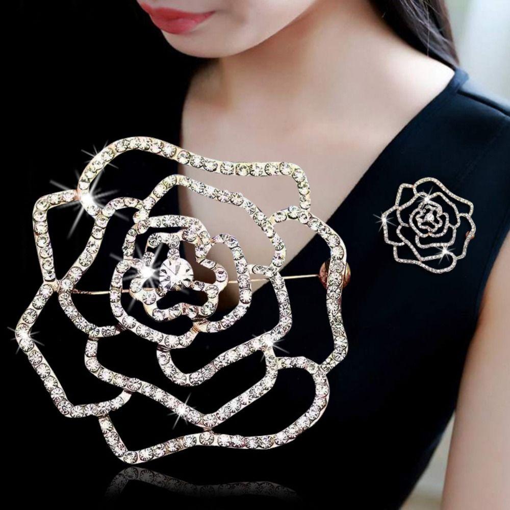 Korean Style Suit Collar Pin Full Rhinestone Rhinestone Brooch Hollow Camellia Brooch Decoration