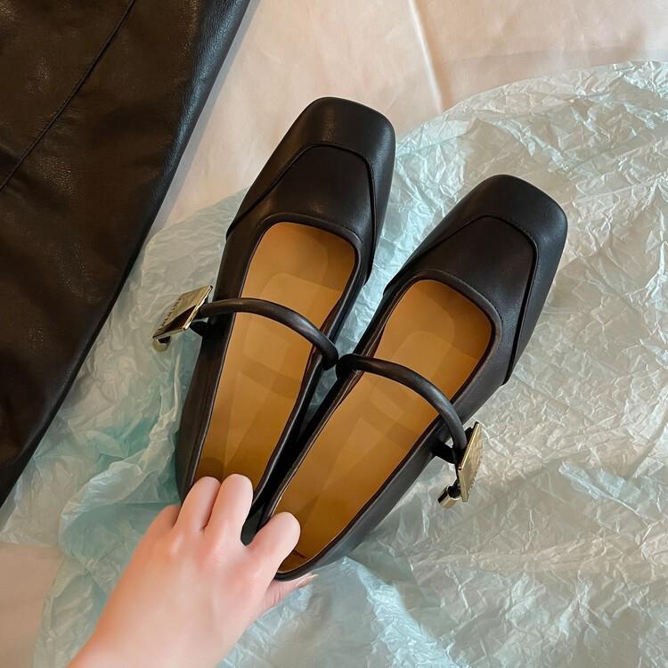 Main Promotion~ Xiao Miao Square Head Flat-soled Single Shoes 2025 First-layer Cowhide One-word Buckle Low-heeled Mary Jane Free Shipping