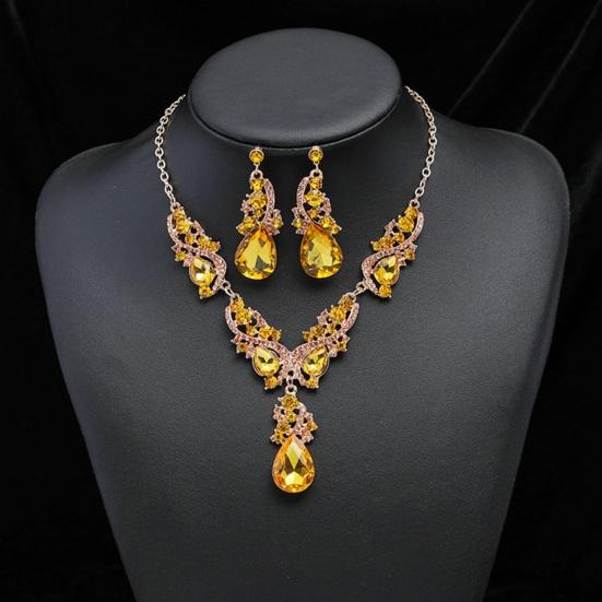 Women Necklace Earrings Set Luxury Symmetric Retro Rhinestone Hollow Out Anti-allergy Hanging