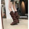 Soft Leather Version~ Soft Leather Inner Height Increase 4cm Pile Medium Boots Women's Autumn and Winter New Maillard Boots High Boots