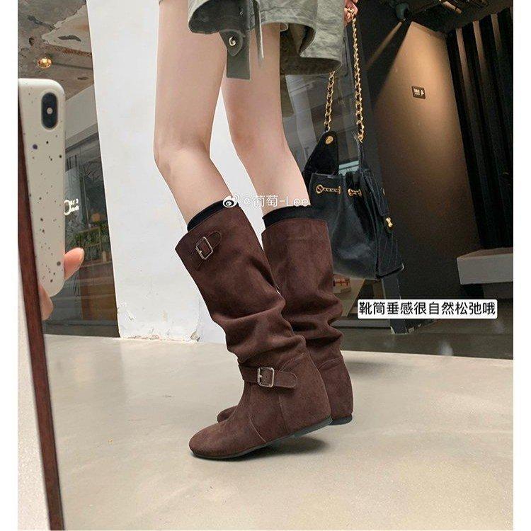 Soft Leather Version~ Soft Leather Inner Height Increase 4cm Pile Medium Boots Women's Autumn and Winter New Maillard Boots High Boots