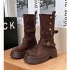 New Winter Outdoors Buckle Women's Mid-calf Boots New 2024 High Quality Fashion Non-slip Solid Color Outdoors Women Shoes