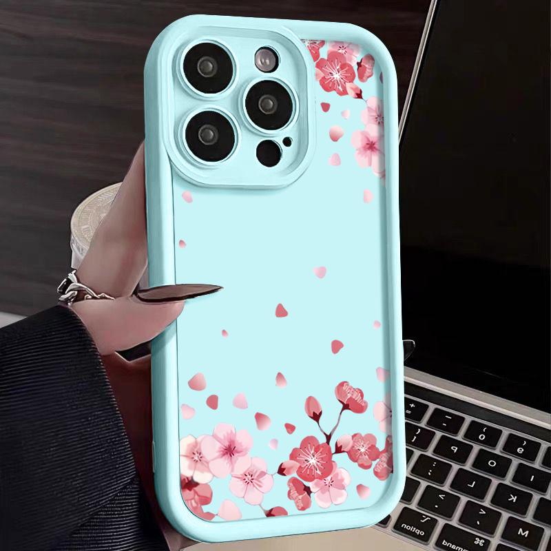 Soft TPU Silicone Phone Case For iPhone 15 16 14 Pro Max 11 12 13 Pro 16E XR 15 Plus Pink Peach Blossom Pattern Shockproof Cover