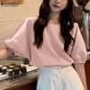 Women Casual Round Neck Solid Color Loose Half Sleeve Blouse