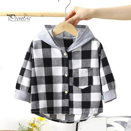 Kids Plaid Hooded Shirt Spring Fall Chest Pocket Button Closure Loose Causal Boys Girls Toddlers Children Long Sleeves Top Jacket