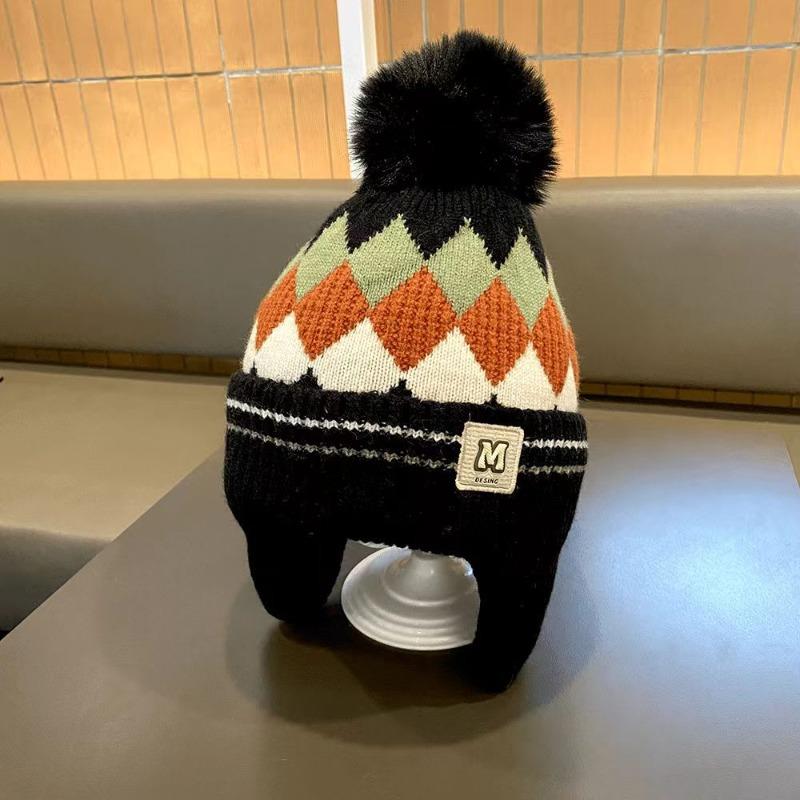 Winter Children's Warm Hats Autumn and Winter Boys and Girls Rhombus Windproof Ear Hats Baby Knitted Thickened Wool Hats