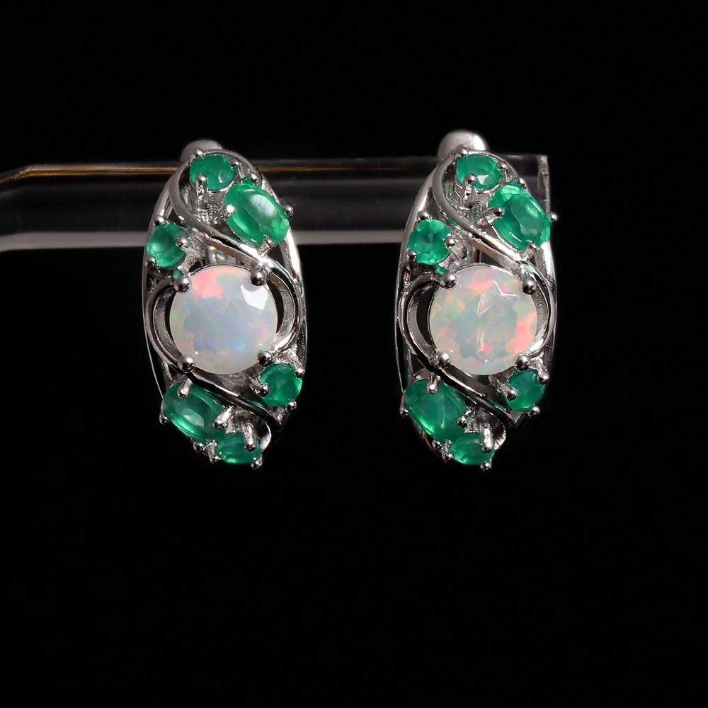 Luxury Design Natural Color Rich Opal & Green Agate Gemstone Ring Earrings Set Light Luxury Beautiful Jewelry for Women