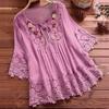 Women Lace Embroidery Flower Loose Plus Size Half Sleeve Shirt