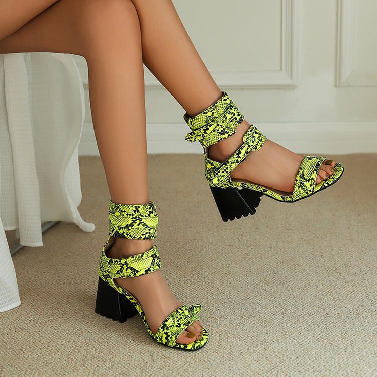 FOREADA Women Sandals Round Toe Thick High Heels Hook Party Gladiator Summer Shoes Black White Brown Yellow 33-46