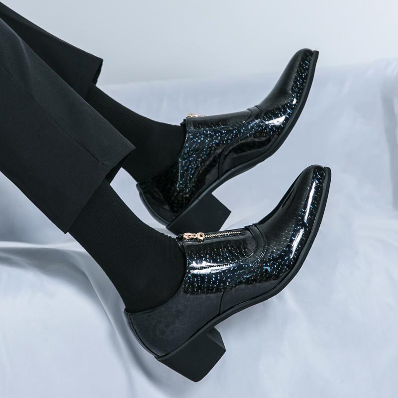 Leather Shoes For Men High-heeled Society Spike Leather Shoes Man British Style Business Platform Formal Zipper Leather Shoes