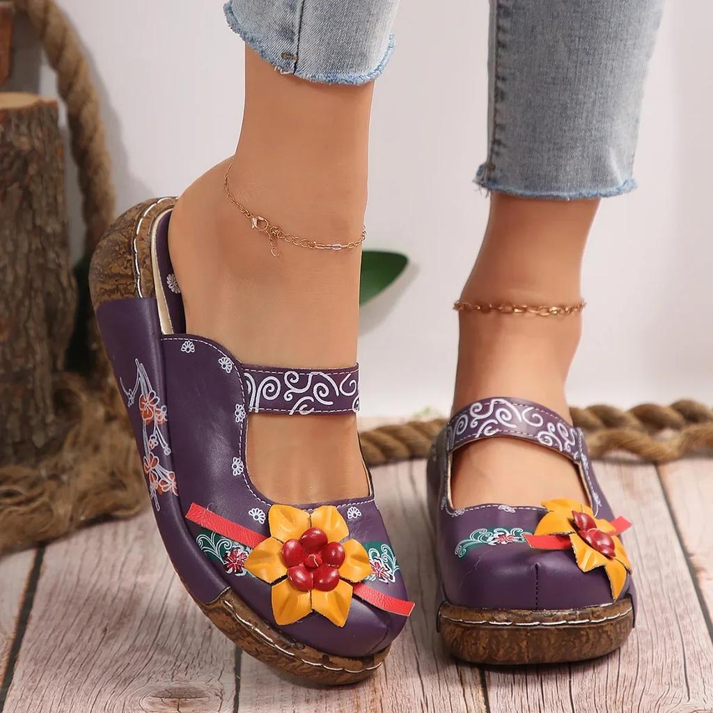 Fashion Women's Tribal Style Flower Platform Mules, Floral Print Wedge Heeled Clogs, Closed Toe Shoes