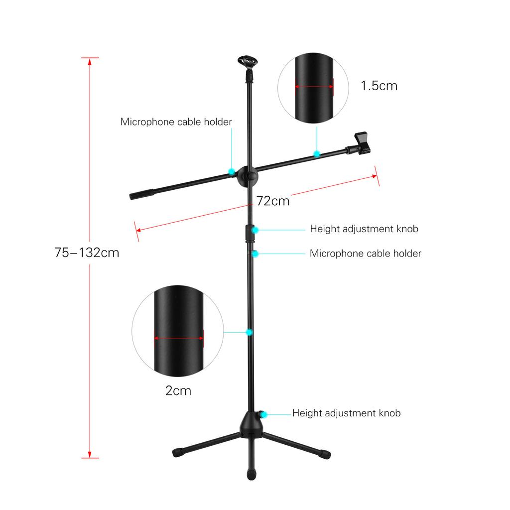 Microphone Tripod Stand Boom Floor Model Adjustable Height Light Weight Heavy Duty Collapsible for