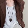 Vintage Black Wooden Oval Pendant Necklace For Women Minimalist Matte Metal Block Adjustable Leather Rope Sweater Chain Jewelry