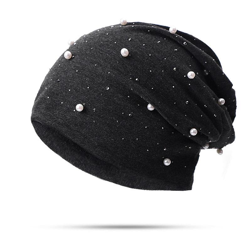 Pearl Rhinestones Women Beanie Hats Autumn Winter Warm Soft Cotton Skullies Caps Casual Outside Turban Female Ladies Hearwear