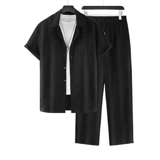 2 шт./комплект мужской повседневный наряд однобортная рубашка с лацканами короткий рукав эластичный пояс длинные брюки комплект однотонный наряд