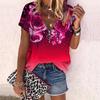 Women's Top Summer New Fashion Rose Flower Beautiful Flower Printed Casual Zipper V-neck Short Sleeve Top