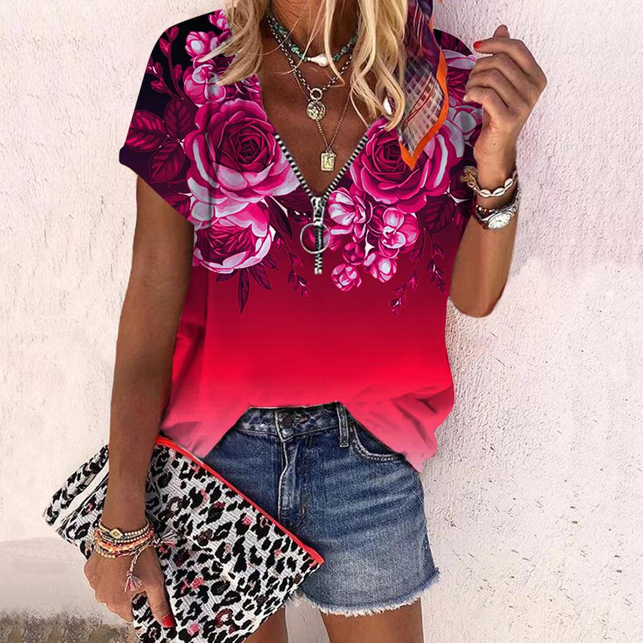 Women's Top Summer New Fashion Rose Flower Beautiful Flower Printed Casual Zipper V-neck Short Sleeve Top