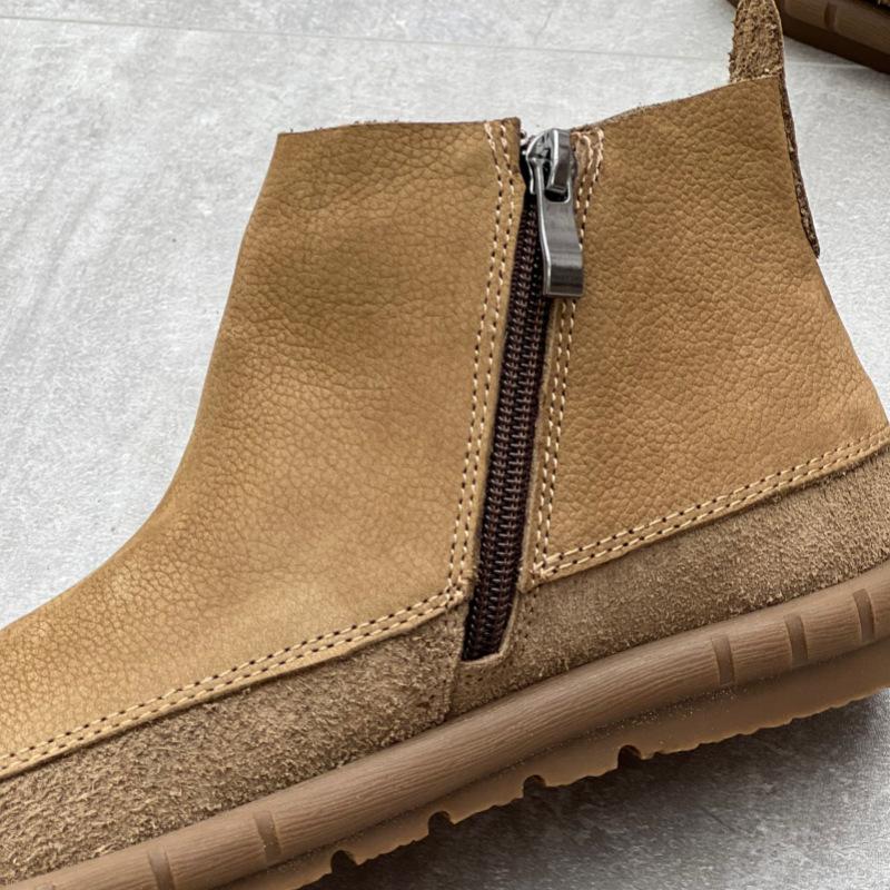 Johnature Retro Women Flat Short Boots Genuine Leather Shoes Handmade Round Toe Solid Color Ankle Boots