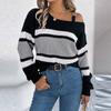 Women's Fashion Casual Loose Contrast Striped Metal Button Off-the-shoulder Sweater Long Sleeve Pullover Top