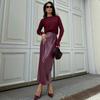 Women Elegant Burgundy Skirt High Waist Slim Fashion Slit Long Skirts Female Party Slim Club Sexy Vintage PU Skirts 2024