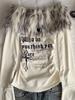American Vintage Print Fur Stitched Tops Women 2000s Y2k One Shoulder T-shirt Thin Sweet Babes High Street Casual Base Layer Clothes